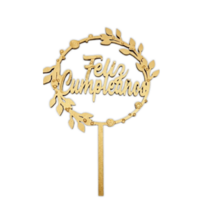 Topper Feliz Cumpleaños en circulo de Hojas MDF Pintado
